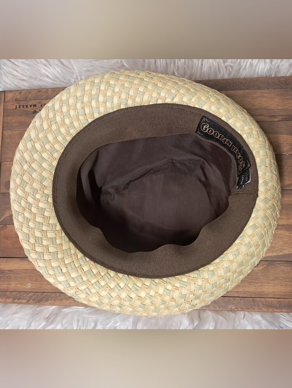 Goorin Bros Straw Fedora with Blue and Olive Band Size L - Picture 3 of 7